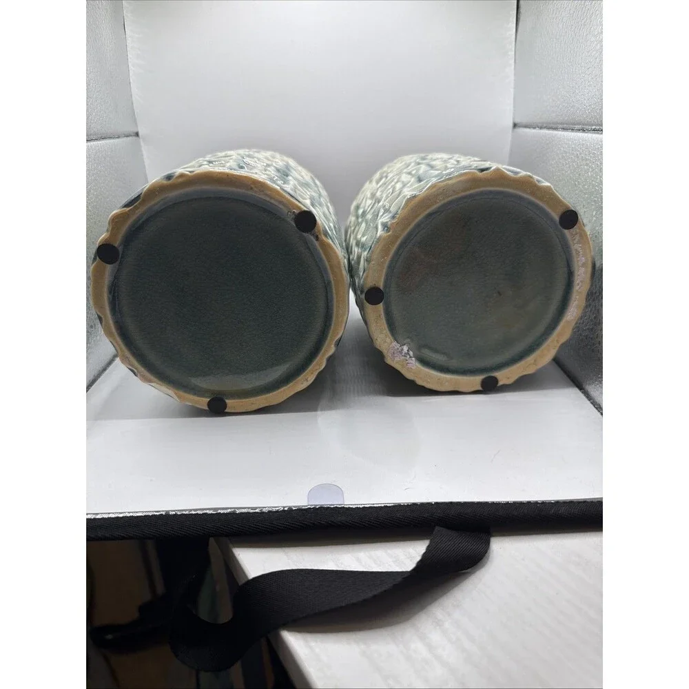 Set Of 2 Textured Blue And White Vases 6” And 8”Tall By 5” Diameter